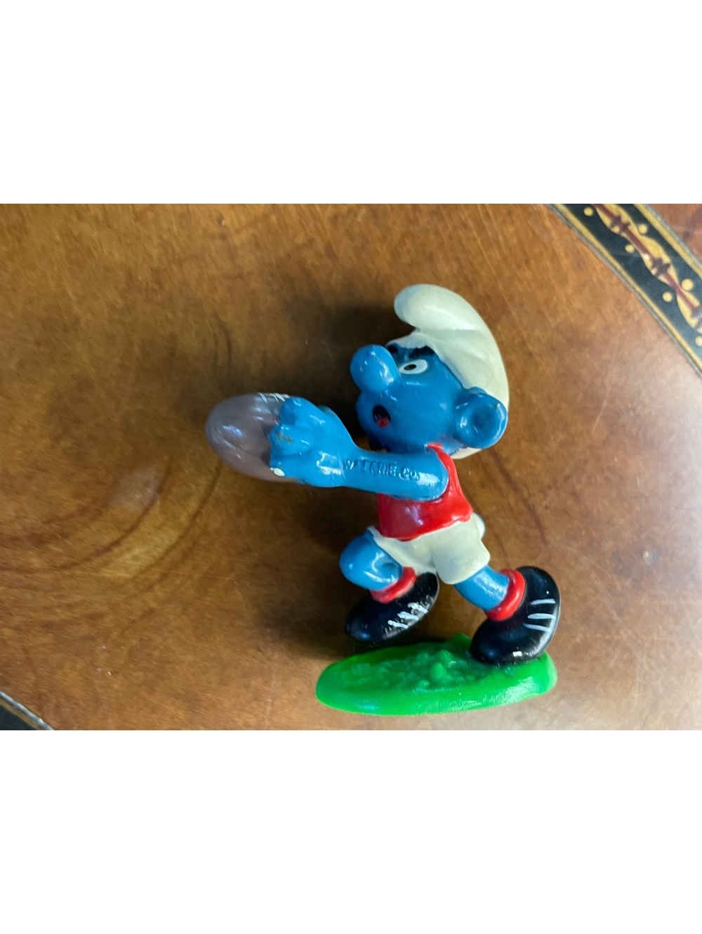 Vintage Football Smurf PVC Figure Red Jersey Clear Football Schleich Peyo 1980